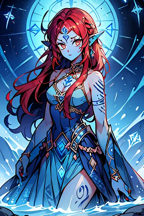 4k high resolution, one female, ((blue skin)), (((rune tattoos))), red hair, ear fins, atlantean princess dress gown suit,