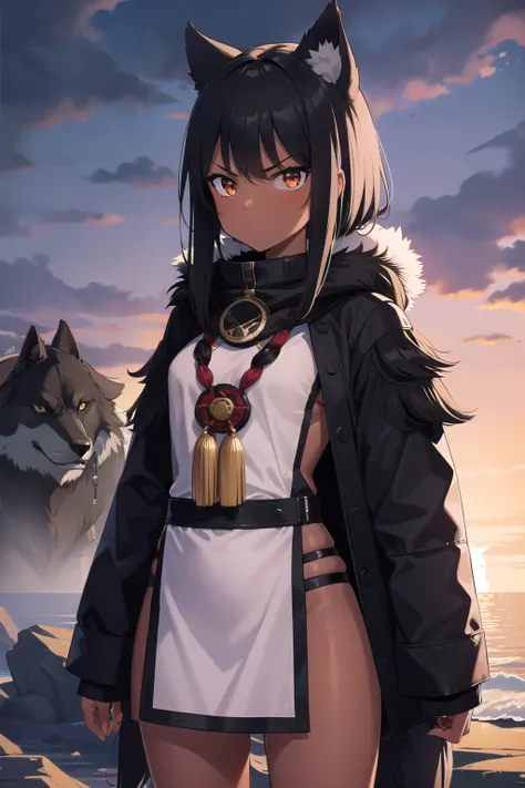 ultra detailed, masterpiece, girl, black hair, dark skin, wolf skin clothes, eskimo style, tribal warrior, native, angry. Standing front. 