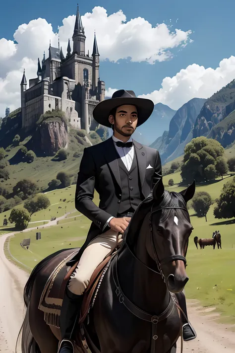 Hombre joven con sombrero negro y ropa totalmente negra montado en un gran caballo negro, They are in a beautiful valley and in the background there is a large Gothic castle.