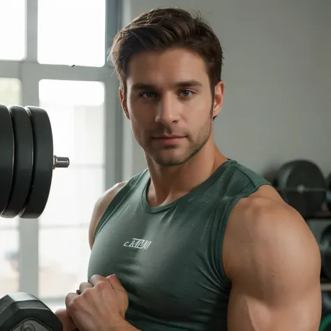 (((zoom out, full body, handsome 35 year old desirable caucasian man with distinguished features, holding dumbbells))), (black muscle shirt, light brown medium length hair, cropped sides, clean shaved face, intriguing green eyes), athletic build, strong, s...