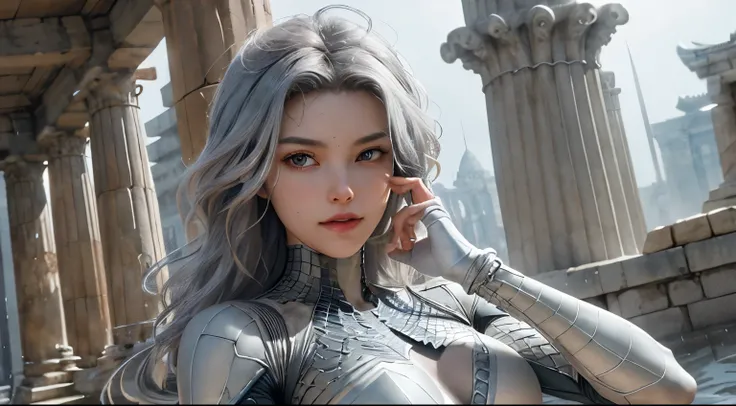 (Extreme Detail CG Unity 8K wallpaper, masterpiece, highest quality), (Exquisite lighting and shadow, highly dramatic picture, Cinematic lens effect), a beautiful girl in a white Spider-Man costume, silver gray hair color, long hair, from the Spider-Man pa...