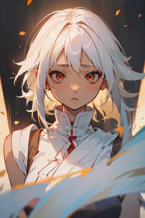 a white haired anime waifu with white eyes and brown skin, rude expression