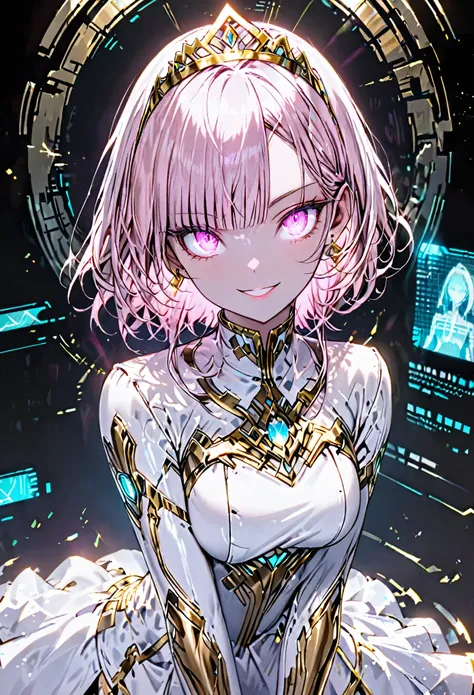 virtual woman, short pink hair, glowing hair, glowing eye:0.5, svelte, white chiton, v arms, leaning forward, beaming smile, gleaming eyes, gold tiara, hologram, futuristic