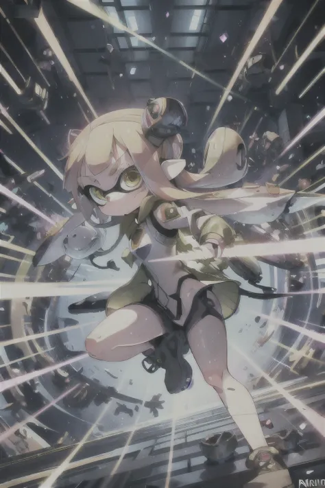 (masterpiece, Highest quality、High resolution), Real Anime、3D、(One Splatoon girl:1.2), Golden Eyes、Firing, laser, debris、Detailed face、Anatomically correct body、Dynamic poses with a sense of movement、Anime Color、