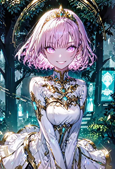 virtual woman, short pink hair, glowing hair, glowing eye:0.5, svelte, white chiton, v arms, leaning forward, wide smile, gleaming eyes, gold tiara, hologram, futuristic, happy, arcology, trees