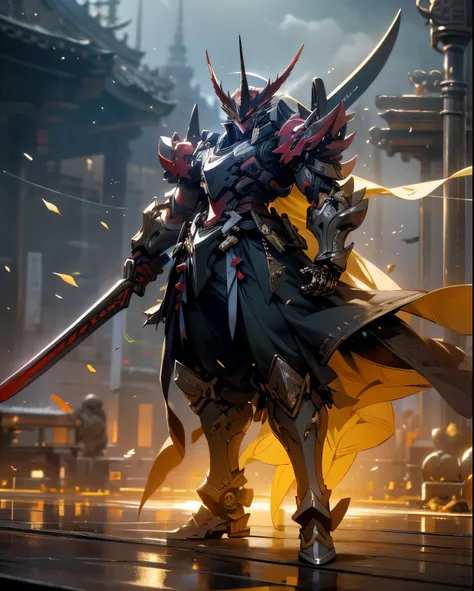 super wide shot, Full body frontal photo,Mecha male warrior,The heroic demeanor of the Three Kingdoms,《Mech color: Red and dark series》,(《Romance of the Three Kingdoms》,《Lu Bu》,Holding Fang Tians halberd in his hand,),(Full body mecha), Keqing from Genshin...