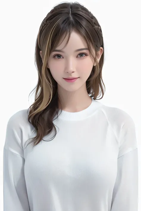 (masterpiece:1.3), (8k, lifelike, original photo white background, best quality: 1.4), (1 girl),White shirt, beautiful one blond Asian girl, laughing, solo、straight head, Clean face, looking at the audience, a smile, , surreal, high resolution, photo, film...