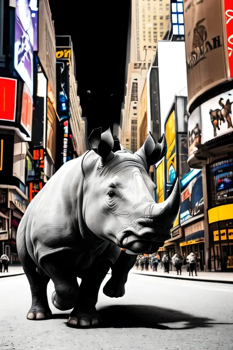 A cat in a top hat running down Broadway、The rhino chasing it