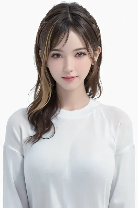 (masterpiece:1.3), (8k, lifelike, original photo white background, best quality: 1.4), (1 girl),White shirt, intense electric blue eyes, golden white hair, beautiful one Asian girl, laughing, solo、straight head, Clean face, looking at the audience, a smile...