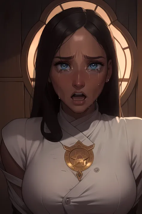 ((Horror, suspense)), (((scared))), Glaring at the audience, Woman lying face up, A limp body, General weakness, Open mouth, ((Tears dripping from the mouth)), | (8k, RAW photo, best quality, masterpiece:1.2), ultra-detailed, (high detailed skin:1.2), 8k u...