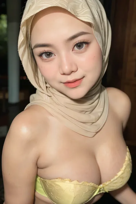 ((Lace)), (Happy smile), (((HIJAB MALAY GIRL))), masutepiece, High quality, UHD 32K, Realistic face, Realistic skin feeling , A Japanese Lady, 58 years old lady, , Very cute and baby-like face, (((FLAT CHEST))), (Night time at forest), ((look In front  at ...