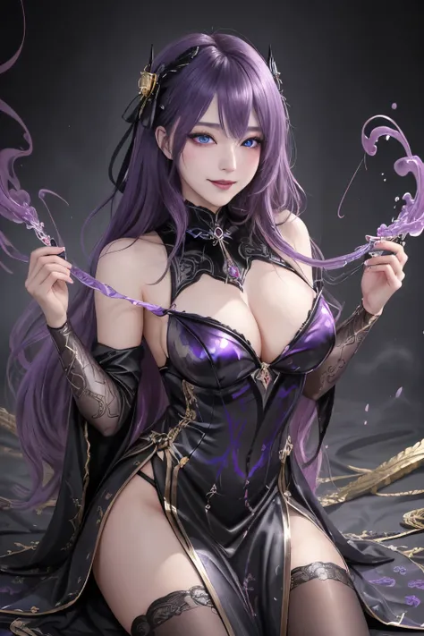 強力なスーパーevil女がクローズアップでポーズをとる, Black Goddess (Bare shoulders), length, Flowing purple hair, View your audience, Highly detailed face, Perfect hands, Blue smoke swirling around her, evil事を愛する, Captivating blue eyes, Dark fantasy,  ， realistic girl rendering, ...