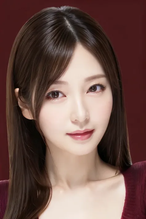 (Highest quality、Tabletop、8k、Best image quality、Award-winning works)、One beautiful woman、Beautiful and elegant long hair、Beautiful black hair、(alone:1.1)、(The perfect burgundy V-neck long sleeve knit:1.4)、(The simplest solid color background:1.4)、とてもLarge ...