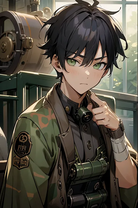 masterpiece, best quality, game cg, 1boy, solo, male focus, looking at viewer, upper body, , misaki_yasuda, black hair, green eyes, camo costume, steampunk, Blu-ray
