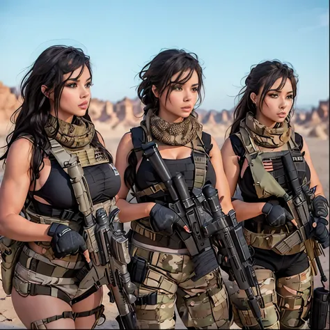 Four sexy women with big breasted athletic bodies wearing a tactical vest bikini and holding rifles wearing a mucha and a headdress 