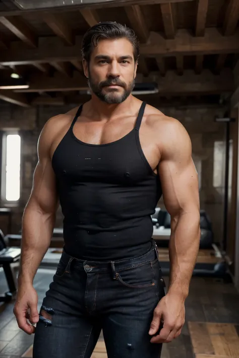 handsome mature man in his 50s,white man with a tanned complexion,(well-defined pecs and arm muscles),full body, facial hair styled into a neatly groomed beard,(intelligent and alluring eyes),a captivating, symmetric face with strong and defined facial fea...