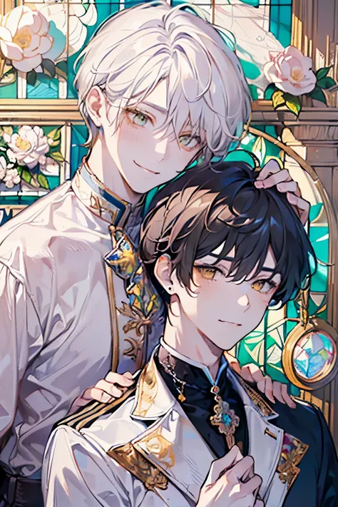 ((Two men facing each other:1.3)),masterpiece, best quality,light hair, (half up and half down hair:1.1),(portrait),white dress,(pop and cute flower pattern background), (perfect hands),(,yellow,white),((Large and gorgeous earrings:1.1)),(Blushing and a sh...