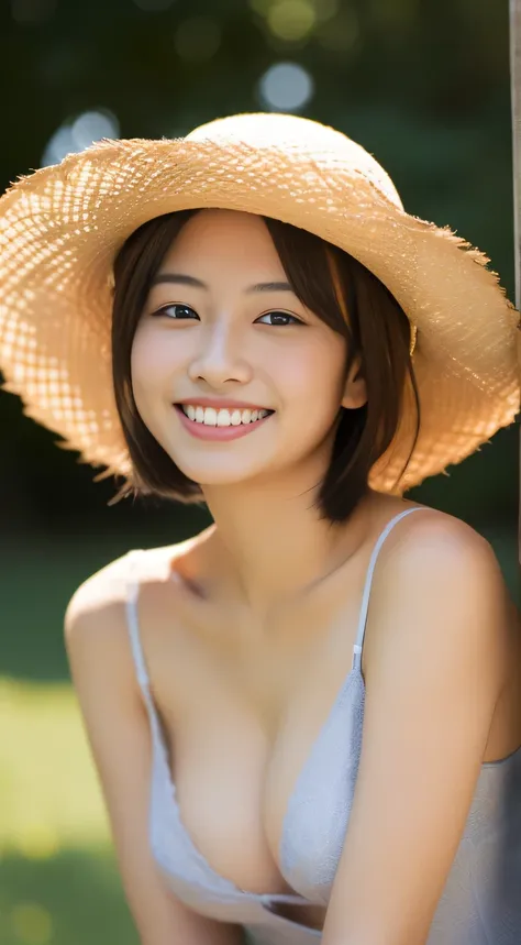 masterpiece,best quality,(Japanese ),((Beautiful girl)),cleavage,(perfect body beauty:1.2),(shy smile),beautiful teeth,(straw hat),