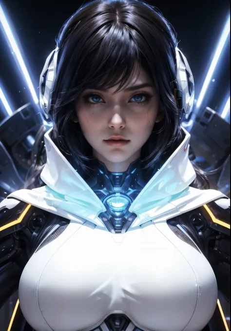 Waist up ((Extremely detailed asymmetric realistic masterpiece)) hyperrealistic masterpiece, Superhero very beauty girl ((in mechanical futuristic aesthetic style)) in extremely detailed tech plugsuit, cinematic illumination: 8k, glowing, concept art, smoo...