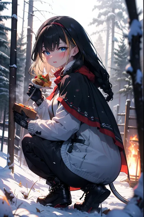 small, small, Black Hair, blue eyes, demon tail, hair band, Long Hair, mechanical tail, Multicolored Hair, tail, smile,blush,White Breath,Big Breasts,
Open your mouth,snow,Ground bonfire, Outdoor, boots, snowing, From the side, wood, suitcase, Cape, Blurre...