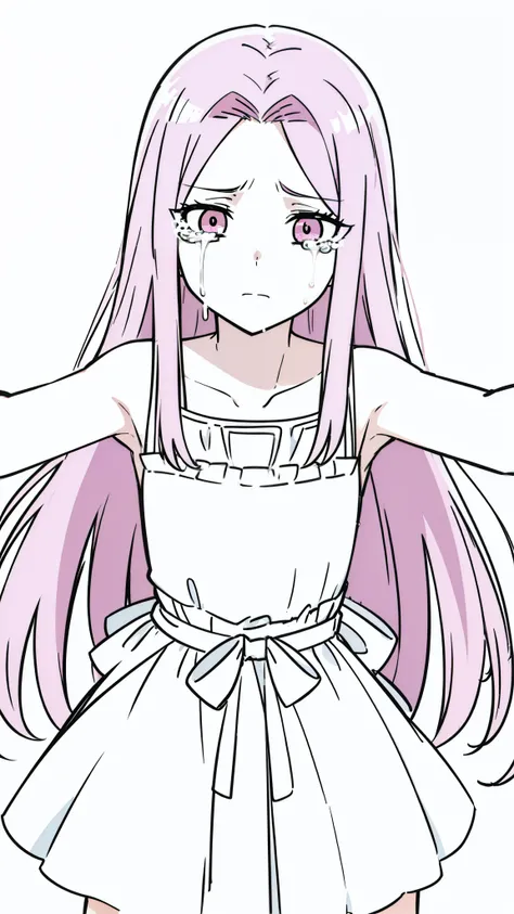 (1girl,12 years old,solo),pink hair,extra long hair,(medusa hair),simple dress,sleeveless,(white background,line drawing),sad,crying,kabedon pov