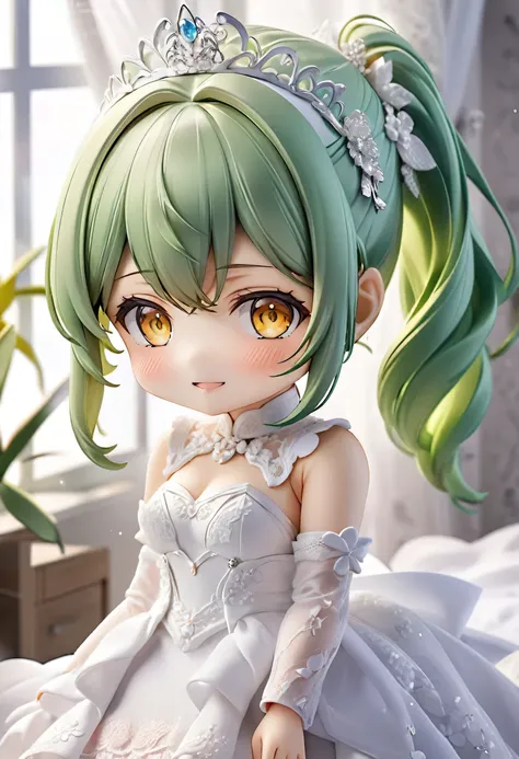 (nendoroid:2) (June Bride style) (15 yo, solo ponytail green hair long hair axefighter girl, detailed cute yellow eyes, love smile) (in a sexy bride A stunning silk dress), (in the room), BREAK, perfect anatomy, masterpiece, best quality, 16k, beautiful de...