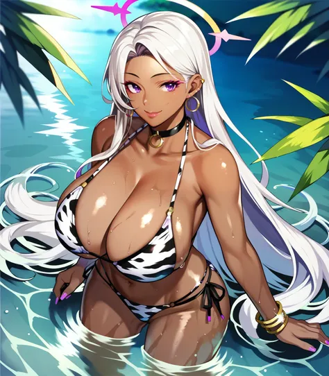 masterpiece, best quality, extremely detailed, 1girl, (milf, gyaru:1.2), solo, (dark skin, black skin:1.9), ushio noa, (large breasts), ((((white hair), very long hair, purple eyes, halo))), parted lips, (((choker, bikini, animal print bikini, panties)), (...