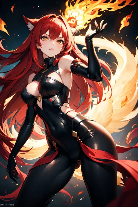 anime woman with long red hair and yellow eyes with flaming beast