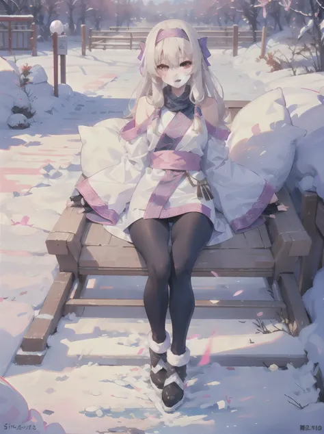 Uhd, absurdres, 5k, masterpiece, best quality, 1girl, alone, solo, sitonai, platinum blonde hair, ainu clothes, long sleeves, fingerless gloves, wide sleeves, off shoulders, black leggings, blush, light smile, outside, playing in the snow, winter