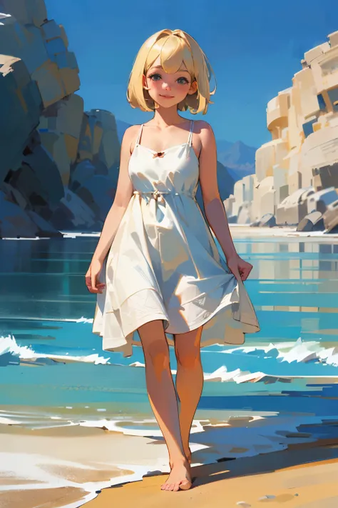 (high quality, High resolution, Very detailed, reality:1.37), Peaceful atmosphere, (Sandy Beach), Teenage girl standing alone, (my breasts are big.), Beautiful details, Cute Smile, (Blonde Bob Hair), White camisole dress, barefoot.