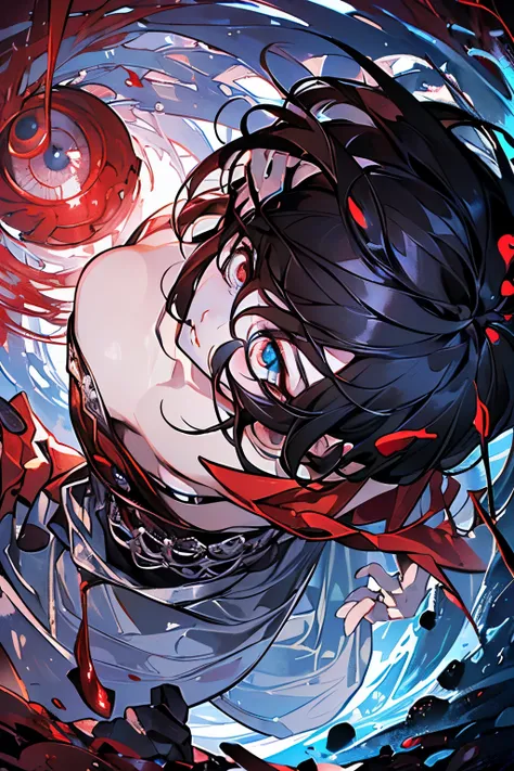 (((A man in his 30s with a muscular and sturdy build.:1.5))),((Silver short hair:1.2)),(Blue Eyes:1.2),((crimson、reddish black、Dark blood:1.5)),(((A chaotic, dark and gloomy world like the underworld:1.2))),((Face and body covered in blood:1.3)),((Luxuriou...