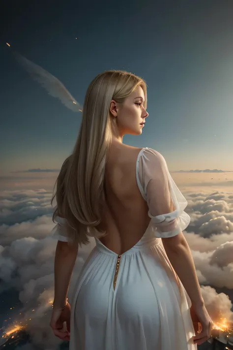 
A (back view:1.5) of a very beautiful female angel(long platinum hair, wide-backed white dress), she is spreading her hands wide and gently as if seeking salvation, she is above the clouds looking down on the world below, a fierce war(sparks flying, many ...