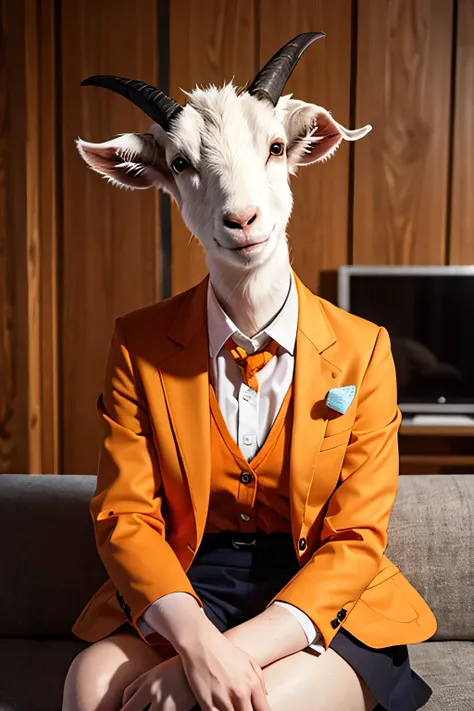 Goat with orange blazer look straight on the camera