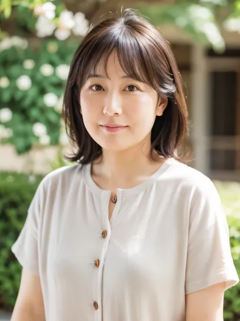 A slightly overweight Japanese woman in her 40s, Good wife, Gray hair blur、Highlight Color、Cute face, Detailed face, fine grain, Medium Hair、Shoulder-length hair、Neat, Short sleeve white shirt, early summer, Fine weather, sunny, Photographed in front of a ...