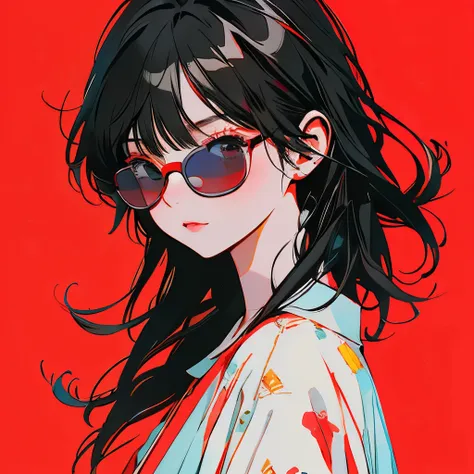 masterpiece、one girl、black hair、fashionable clothes、bright red background、wear sunglasses