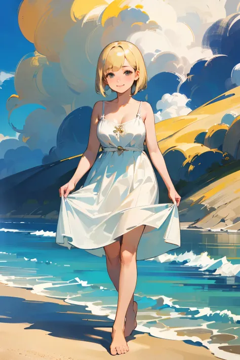 (high quality, High resolution, Very detailed, reality:1.37), Peaceful atmosphere, (Sandy Beach), Teenage girl standing alone, (my breasts are big.), Beautiful details, Cute Smile, (Blonde Bob Hair), White camisole dress, barefoot.