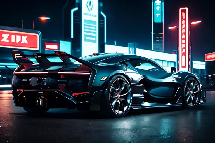 a concept car, metal, professional photo , science fiction, sci-fi scenario, (night), natural light, cyberpunk, futuristic city, cyberpunk city, neon signs, highly detailed, (highly detailed background), multiple buildings in the background, detailed textu...