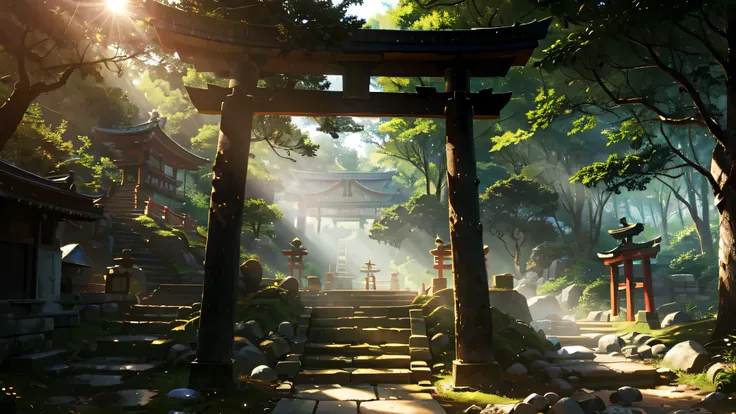 Old torii gate in the forest, Old stone staircase, wood々Sunlight shining through, nostalgic