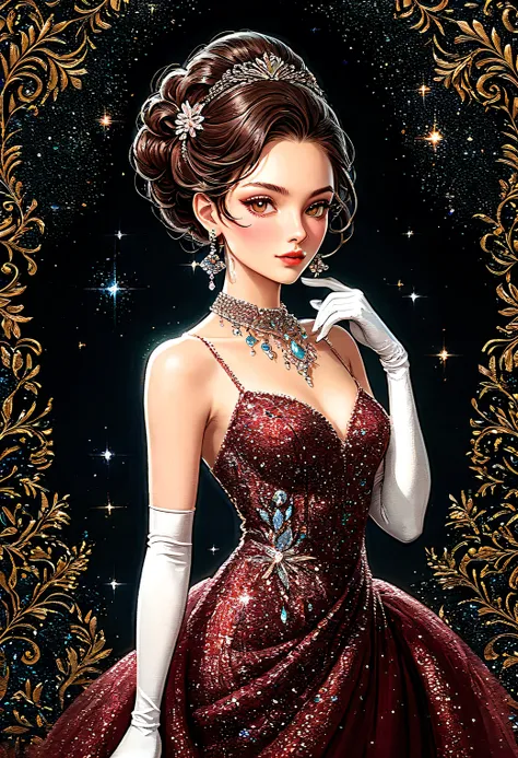 illustration of a woman with glitter dark red evening dress, (white long gloves), large necklace with diamonds, earrings, (small...