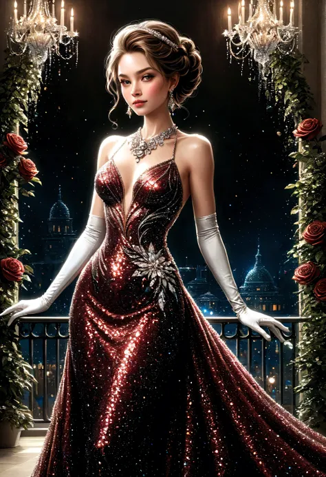 illustration of a woman with glitter dark red evening dress, (white long gloves), large necklace with diamonds, earrings, up-do hairstyle, 
(Have a glass of champagne), 
Vivid contrasts, Gentle touch rendering, Accurate detail, high detail, Precision, High...