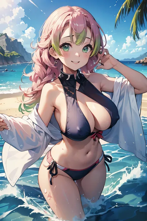 (8K、masterpiece、Highly detailed background、high resolution)、(mitsuri kanroji)、Cleavage、(beach、Swimwear、Splashing water、Gravure pose、Embarrassed smile、Nipple protrusion)