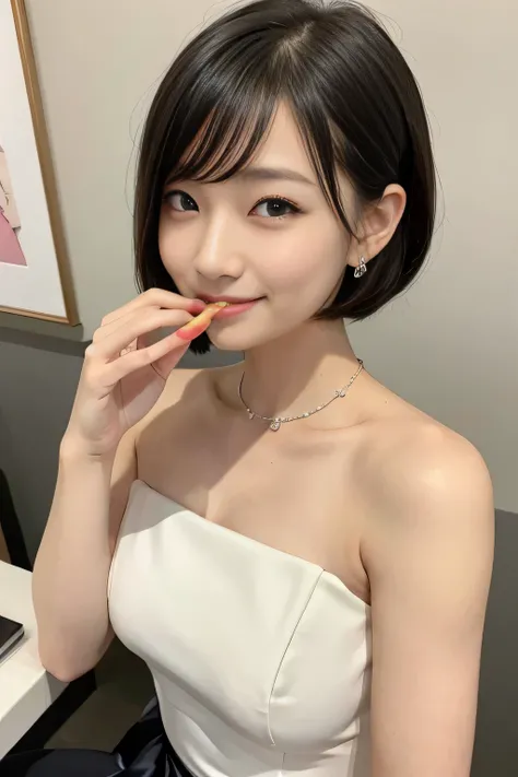 Upper class girl in elegant formal dress of random colors、Biting pose、Cunning Smile、Bobcut