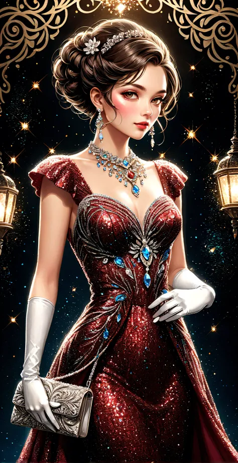 illustration of a woman with glitter dark red evening dress, (white long gloves), large necklace with diamonds, earrings, (Small brightly coloured bag with intricate beaded pattern), up-do hairstyle, 
At the entrance to the party venue, 
Vivid contrasts, G...