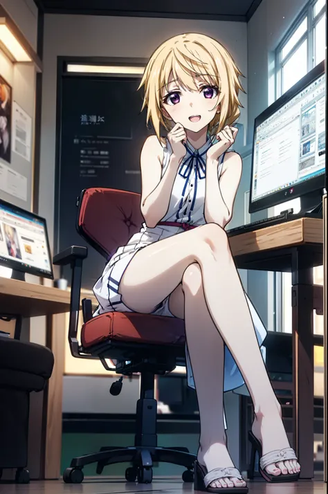 Charlotte Denois, Charlotte Dunois, Long Hair, Blonde, ribbon, (Purple eyes:1.1), low ponytail,happy smile, smile, Open your mouth,Orange sleeveless dress,Shorts,Cute Sandals,Sit cross-legged on a chair,There is a computer on the table,Clear skies during t...