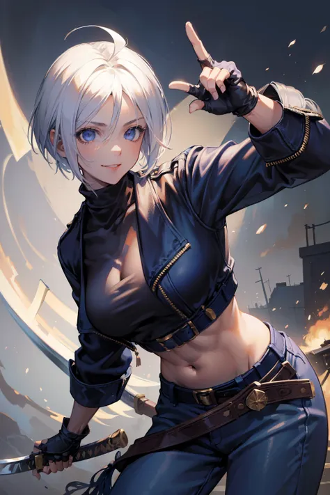 (masterpiece), best quality, expressive eyes, perfect face, highres, 1girl, solo, angelms, white hair, jacket, ahoge, fingerless gloves, midriff, hands to hips, leaning forward, smiling, fanstasy background, particles, magic, standing,cowboy shot, looking ...