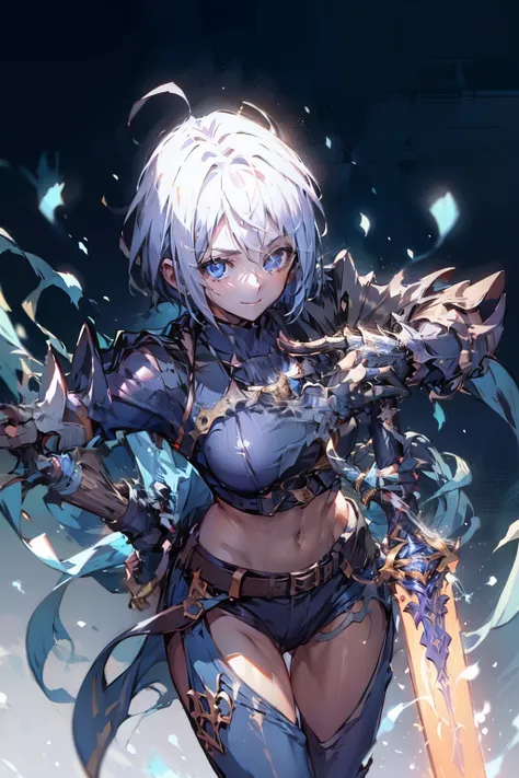 (masterpiece), best quality, expressive eyes, perfect face, highres, 1girl, solo, angelms, white hair, jacket, ahoge, fingerless gloves, midriff, hands to hips, leaning forward, smiling, fanstasy background, particles, magic, standing,cowboy shot, looking ...