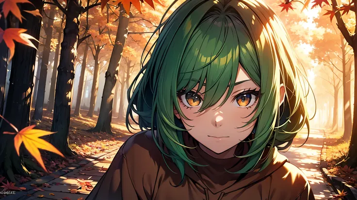 a girl with green hair, violet sweatshirt, autumn forest, perfect brown eyes, cinematic lighting, expression of joy, work of art, ultra definition, falling autumn leaves, half-length focus, pose on a corner of the image