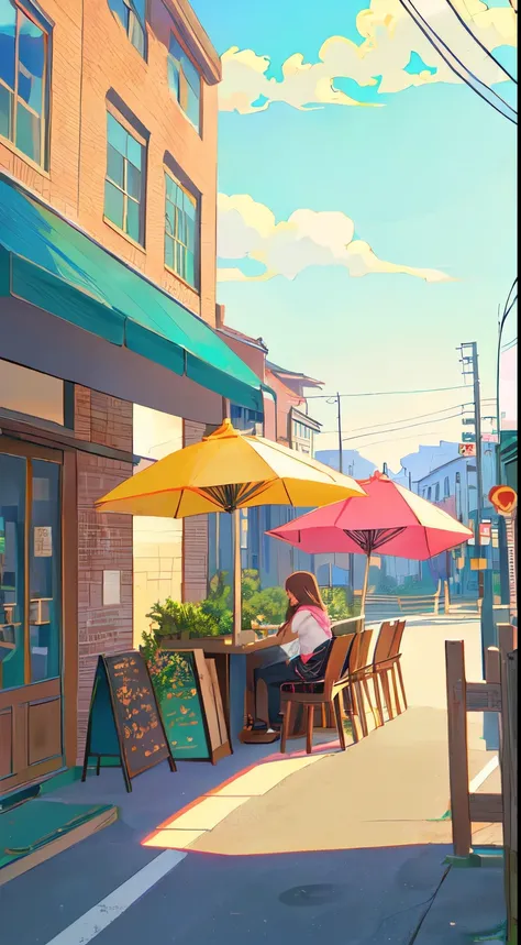 Anime style street scene，There are tables and umbrellas, cozy Coffee Shop background, anime background technology, Anime Background, Anime scenery, Relaxation concept art, Anime scenery concept art, beautiful Anime scenery, 丰富多彩的Anime Background, Anime Aes...