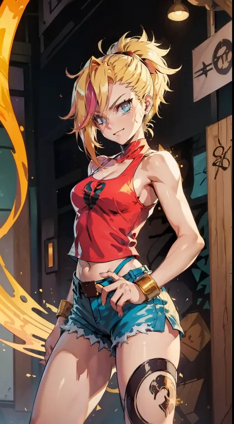 young girl, longue blonde hair, Hairpin with a bundle, turquoise eyes, Yakuza tattoos, red tight uniform, Sleeveless, Wide neckline on the chest to the abdomen, Gold Elements, Red gold armor, Shorts, claws, smirk, Masterpiece, hiquality, 4k, HD, Good detai...