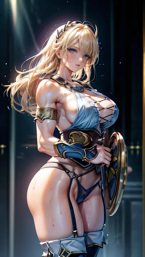 Sensual, Long blonde hair, Thick thighs, 8k, 4K, Highest quality, (High resolution:1.6), Cute anime face, Noise Reduction, (Sparkling blue eyes, A kind smile:1.3, Kind eyes:1.3、Panicked:1.5、Sweat)、Toned Abs, Muscular arms, Muscular legs,  Young Face, Anime...